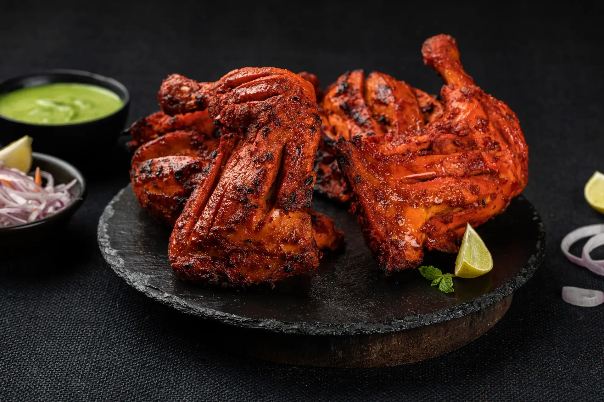 Tandoori chicken with mint chutney and onions