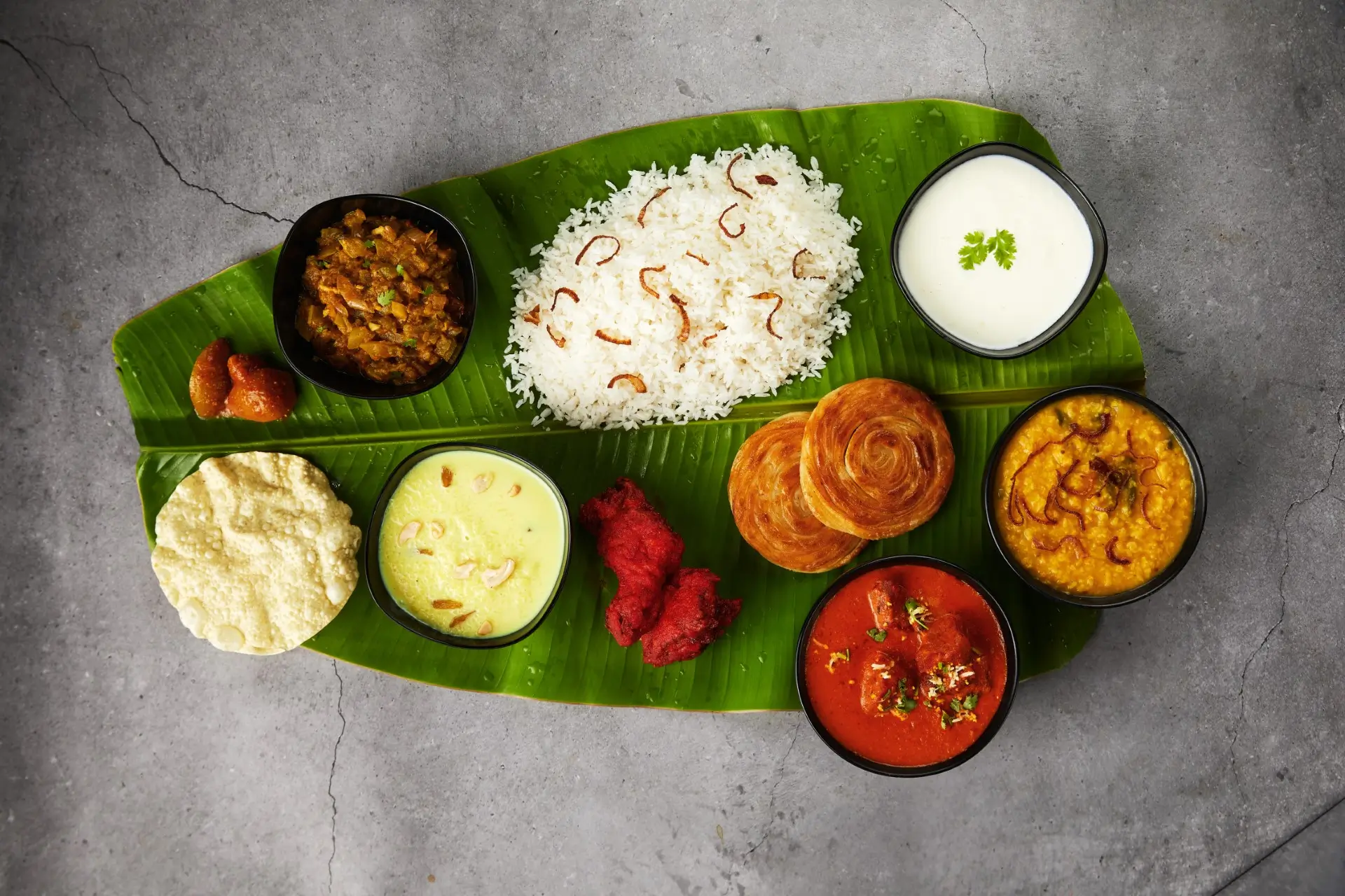 South Indian thali on a banana leaf